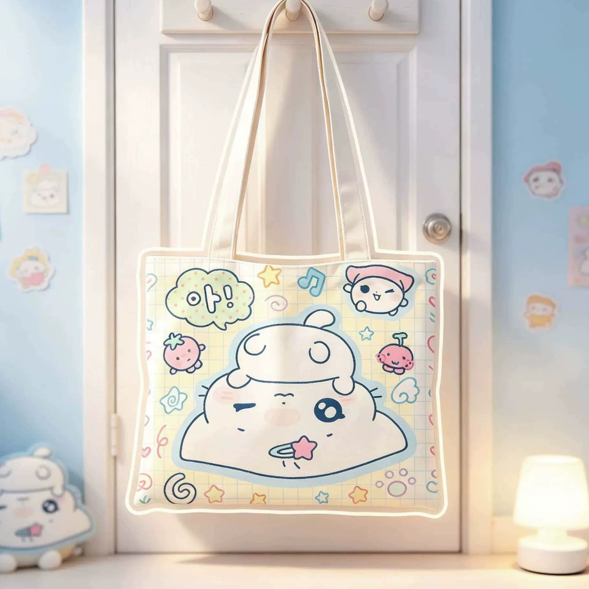 Kawaii Cartoon Print Canvas Tote Bag Cute Anime Cat Blue Women Girls School