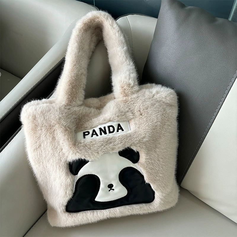 Fluffy Panda Plush Tote Bag Cute Faux Fur Shoulder Bag Women Girls Winter