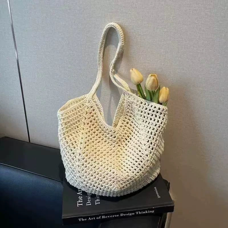 Cream Handwoven Cotton Crochet Net Tote Bag Boho Beach Shoulder Bag Women