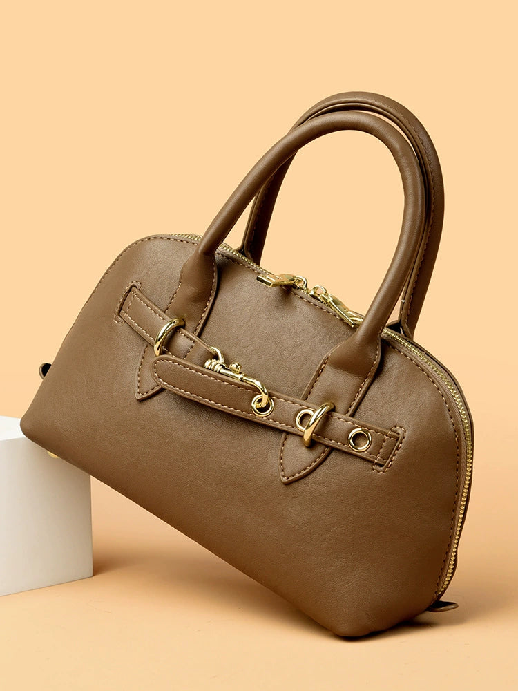 Dome Boston Bag Horsebit Belt Strap Gold Hardware Top Handle Crossbody Khaki Women