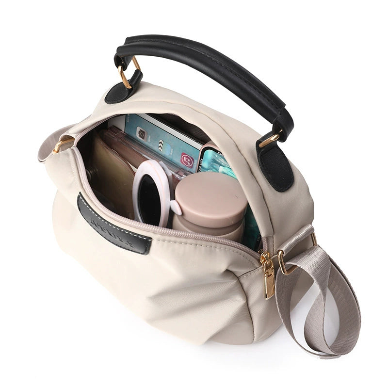 Dove Grey Nylon Shell Crossbody Bag Leather Handle Wide Strap Lightweight Women