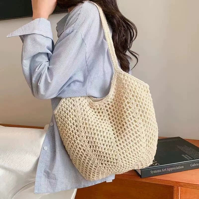 Cream Handwoven Cotton Crochet Net Tote Bag Boho Beach Shoulder Bag Women