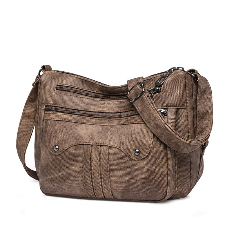 Multi-Pocket Washed Soft Leather Crossbody Shoulder Bag Vintage Women Daily