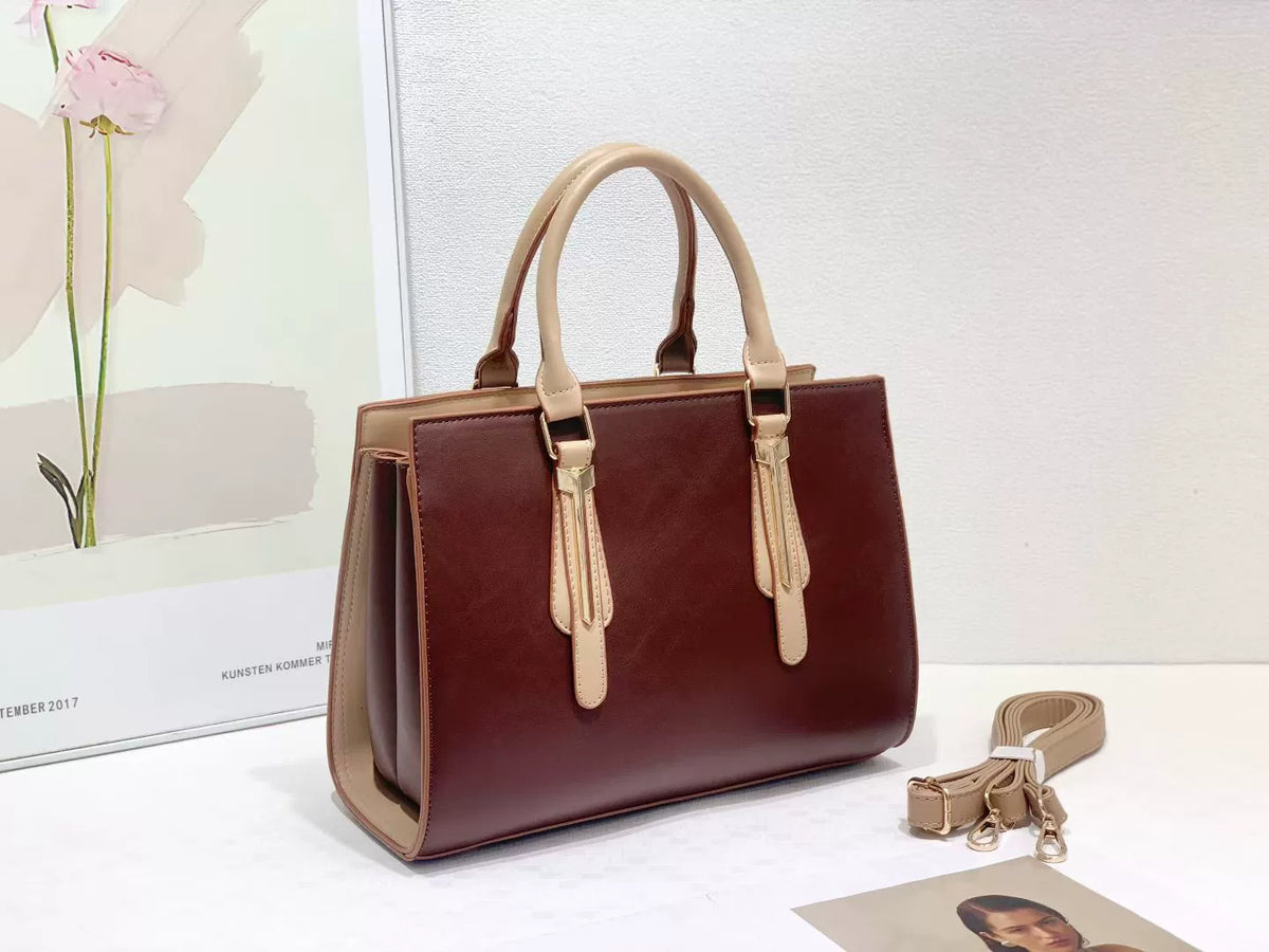Structured Two-Tone Top Handle Work Bag Beige Contrast Trim Crossbody Women
