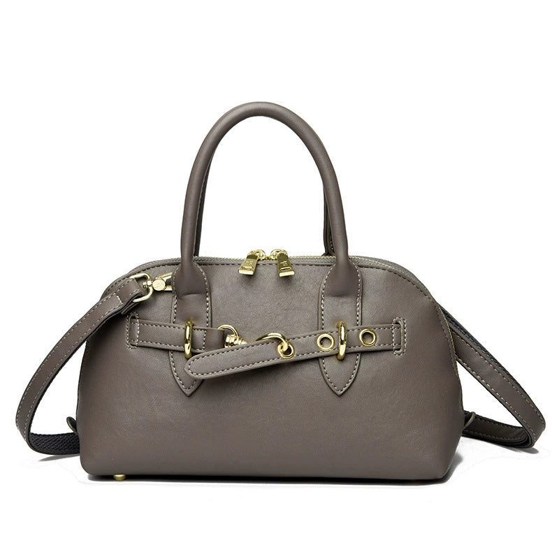Dome Boston Bag Horsebit Belt Strap Gold Hardware Top Handle Crossbody Khaki Women