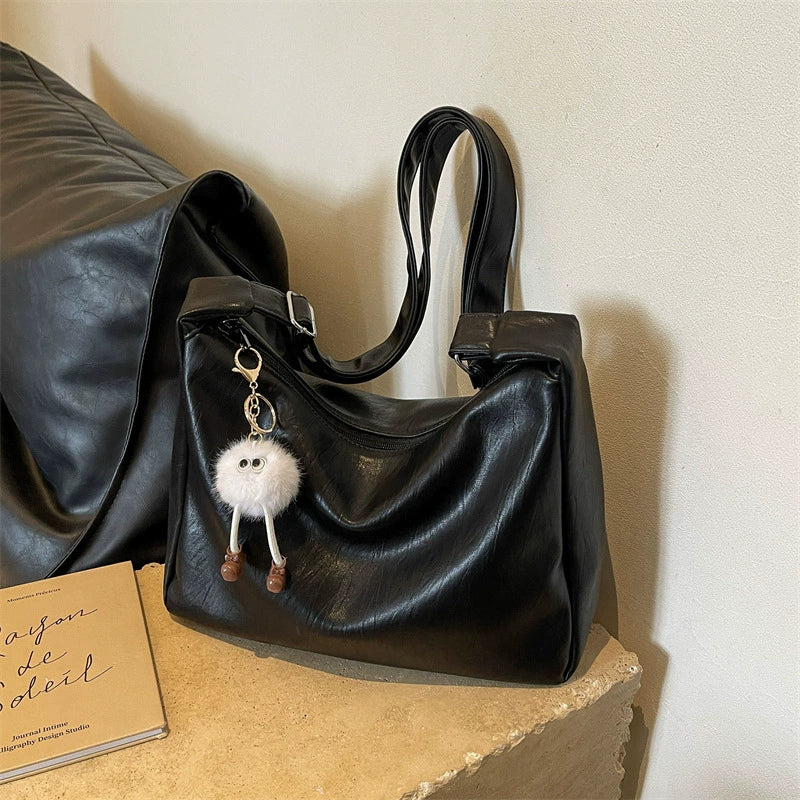 Vintage Soft Leather Crescent Hobo Shoulder Bag Furball Doll Charm Women Y2K