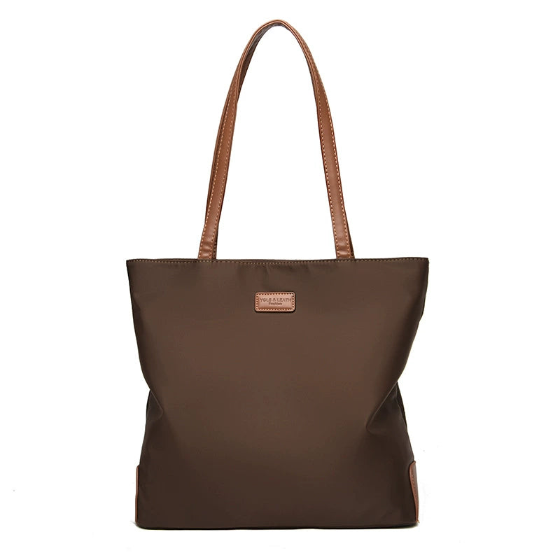 Lightweight Nylon Tote Bag Cognac Leather Handle Trim Minimalist Women Work