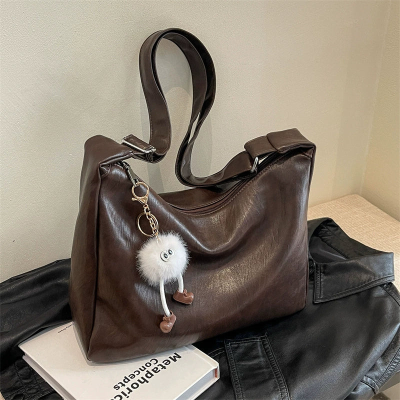 Vintage Soft Leather Crescent Hobo Shoulder Bag Furball Doll Charm Women Y2K