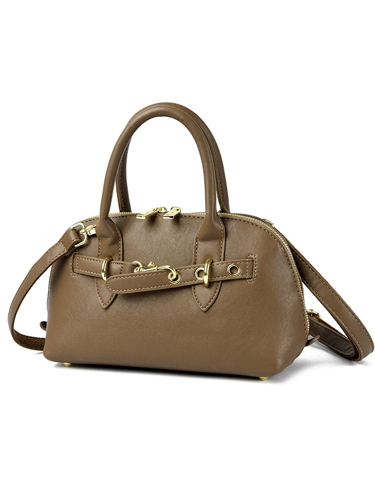 Dome Boston Bag Horsebit Belt Strap Gold Hardware Top Handle Crossbody Khaki Women
