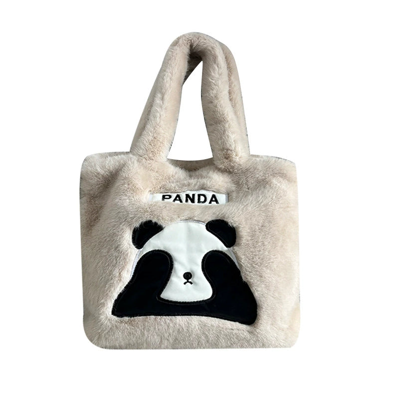 Fluffy Panda Plush Tote Bag Cute Faux Fur Shoulder Bag Women Girls Winter
