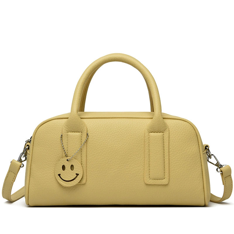Pillow Boston Bag Waxy Leather Smiley Charm Top Handle Crossbody Sage Women