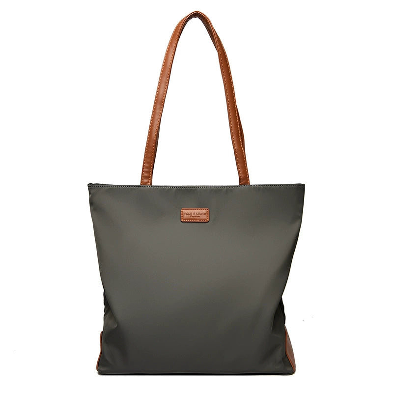 Lightweight Nylon Tote Bag Cognac Leather Handle Trim Minimalist Women Work