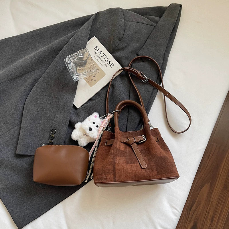 Saffiano Leather Barrel Bag Double Belt Buckle Top Handle with Bear Charm Women