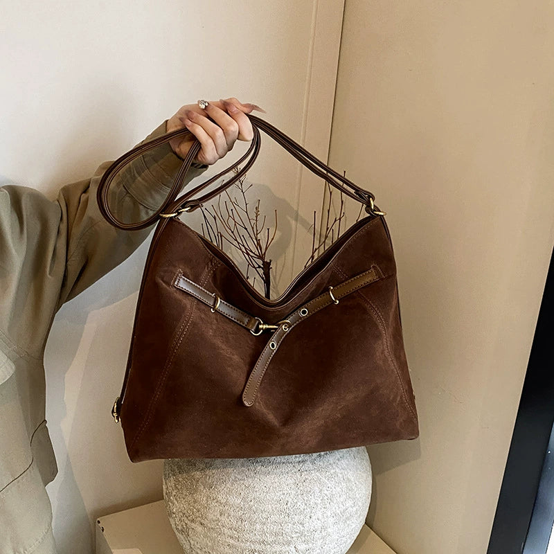 Oversized Suede Effect V-Opening Slouchy Shoulder Bag Dark Brown Women Tote