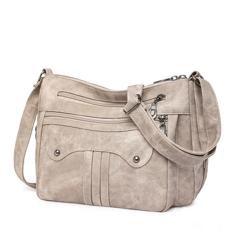 Multi-Pocket Washed Soft Leather Crossbody Shoulder Bag Vintage Women Daily