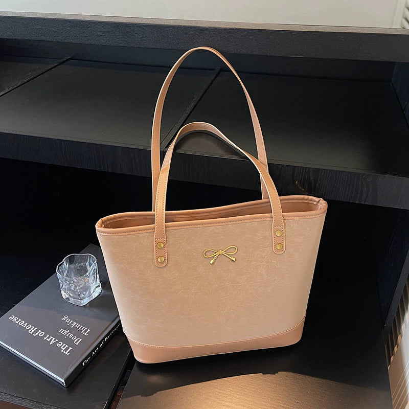 Large Shopper Tote Bag Gold Bow Charm Flat Handles Women Work Shoulder Bag