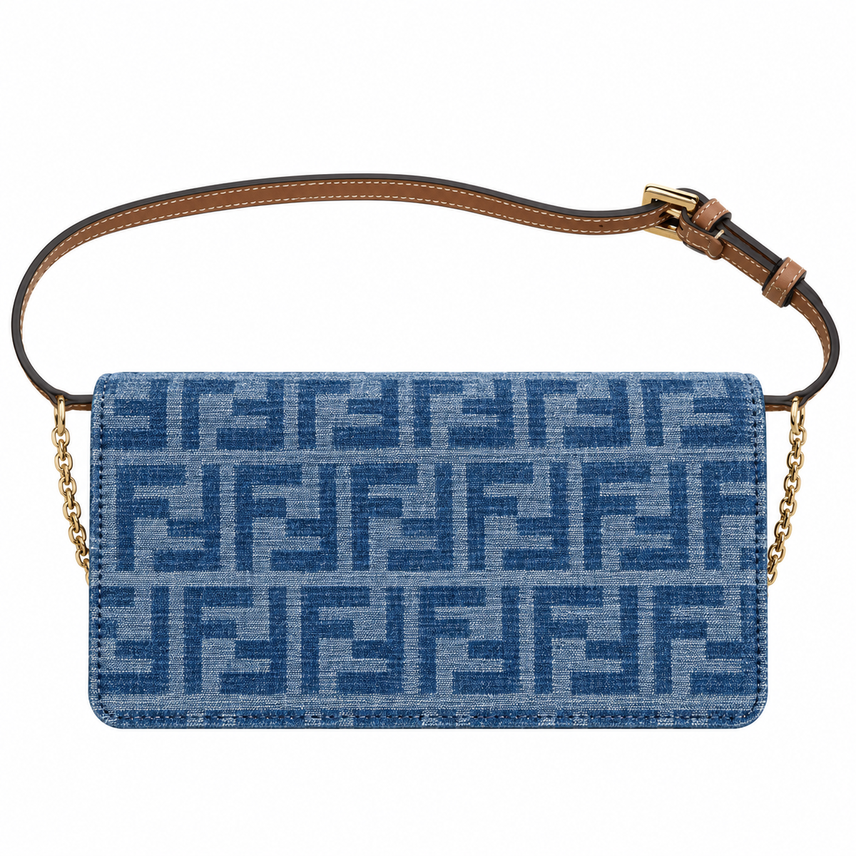 Fendi FF Slim Shoulder Bag – Jacquard Canvas & Leather Trim, Flap Closure, 21cm
